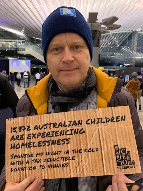 Alex Lang CEO Smarter Communities raising funds at Vinnies CEO Sleepout 2019